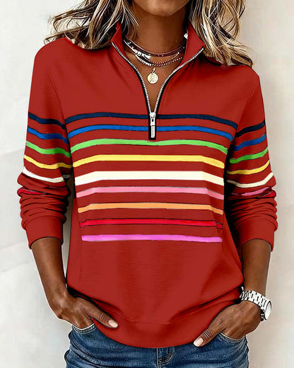 Jersey de punto para mujer con cremallera de un cuarto y franjas
