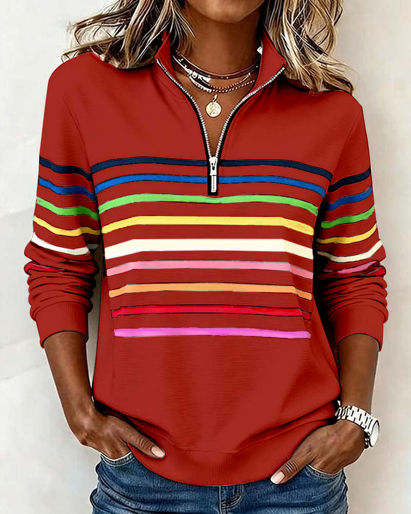Jersey de punto para mujer con cremallera de un cuarto y franjas