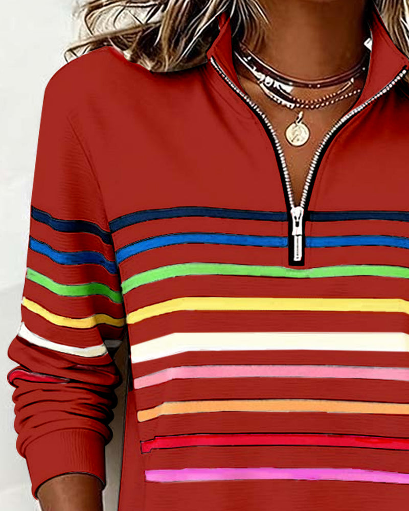 Jersey de punto para mujer con cremallera de un cuarto y franjas