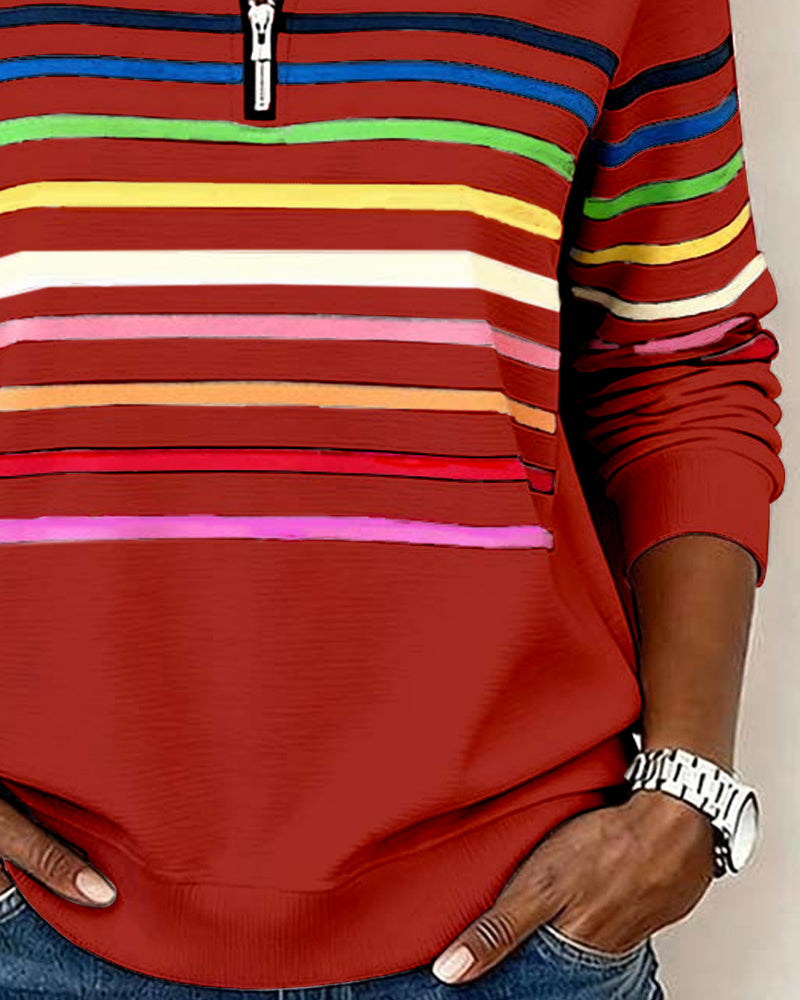 Jersey de punto para mujer con cremallera de un cuarto y franjas