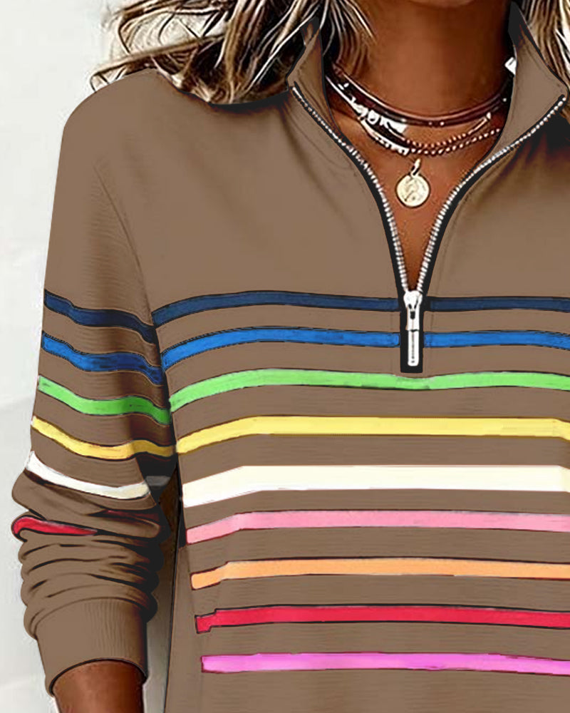 Jersey de punto para mujer con cremallera de un cuarto y franjas