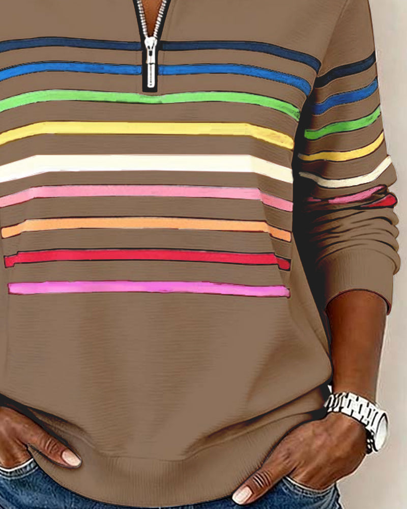 Jersey de punto para mujer con cremallera de un cuarto y franjas