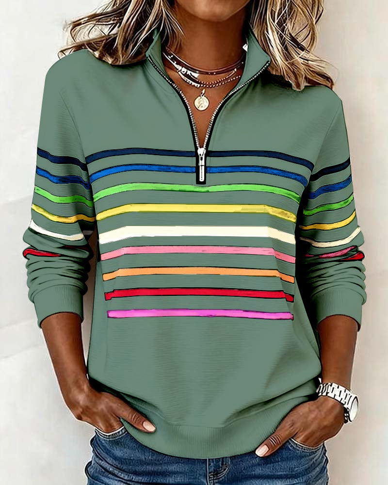 Jersey de punto para mujer con cremallera de un cuarto y franjas
