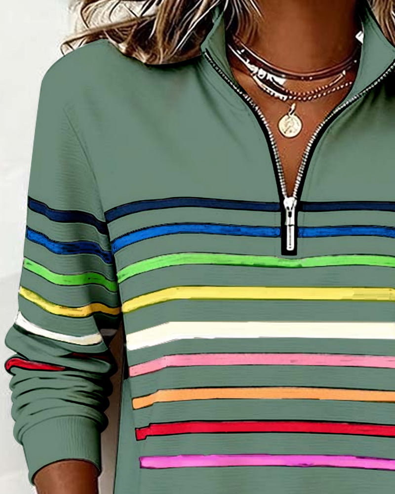 Jersey de punto para mujer con cremallera de un cuarto y franjas