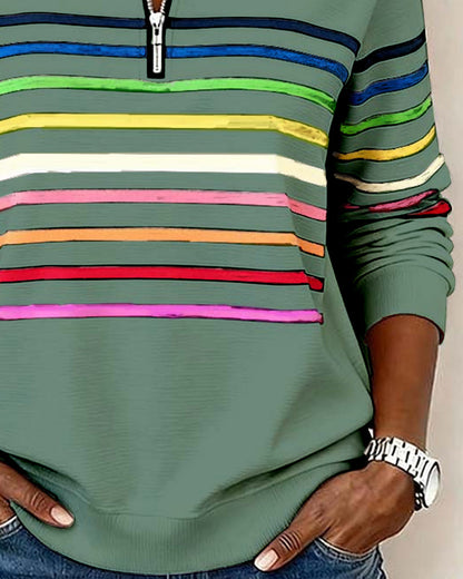 Jersey de punto para mujer con cremallera de un cuarto y franjas