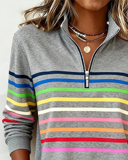 Jersey de punto para mujer con cremallera de un cuarto y franjas