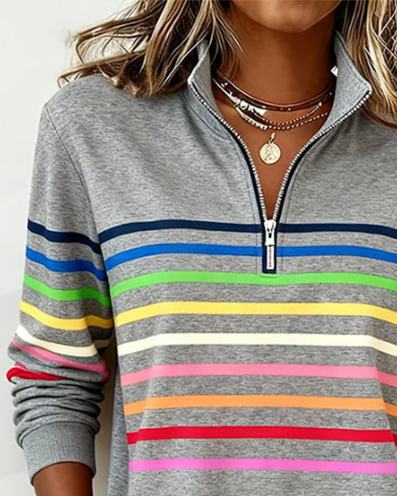 Jersey de punto para mujer con cremallera de un cuarto y franjas