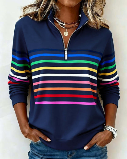 Jersey de punto para mujer con cremallera de un cuarto y franjas