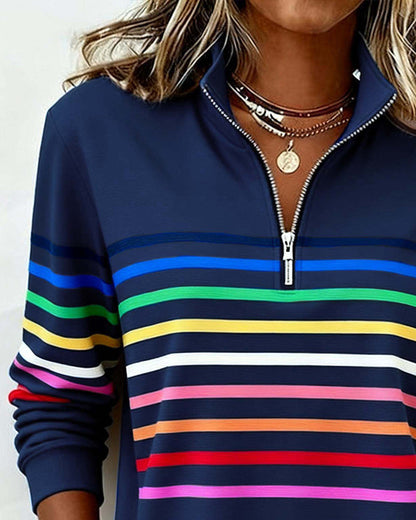 Jersey de punto para mujer con cremallera de un cuarto y franjas