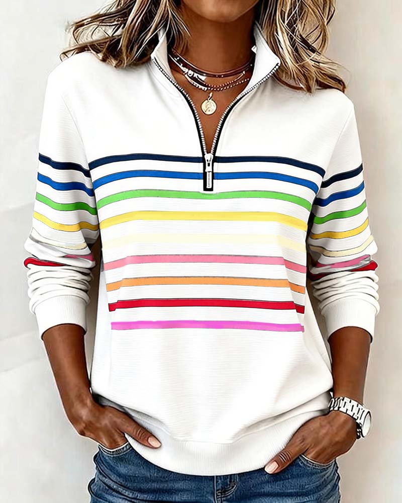 Jersey de punto para mujer con cremallera de un cuarto y franjas