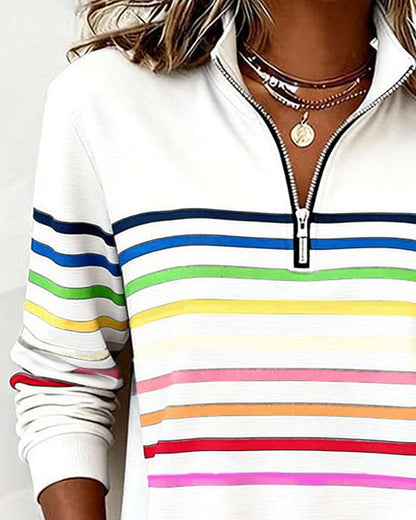 Jersey de punto para mujer con cremallera de un cuarto y franjas