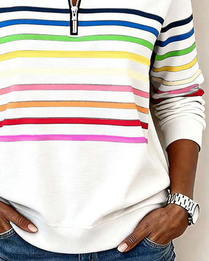 Jersey de punto para mujer con cremallera de un cuarto y franjas