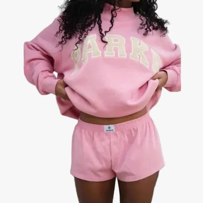 Sudadera de punto para mujer con cuello perkins y letras universitarias
