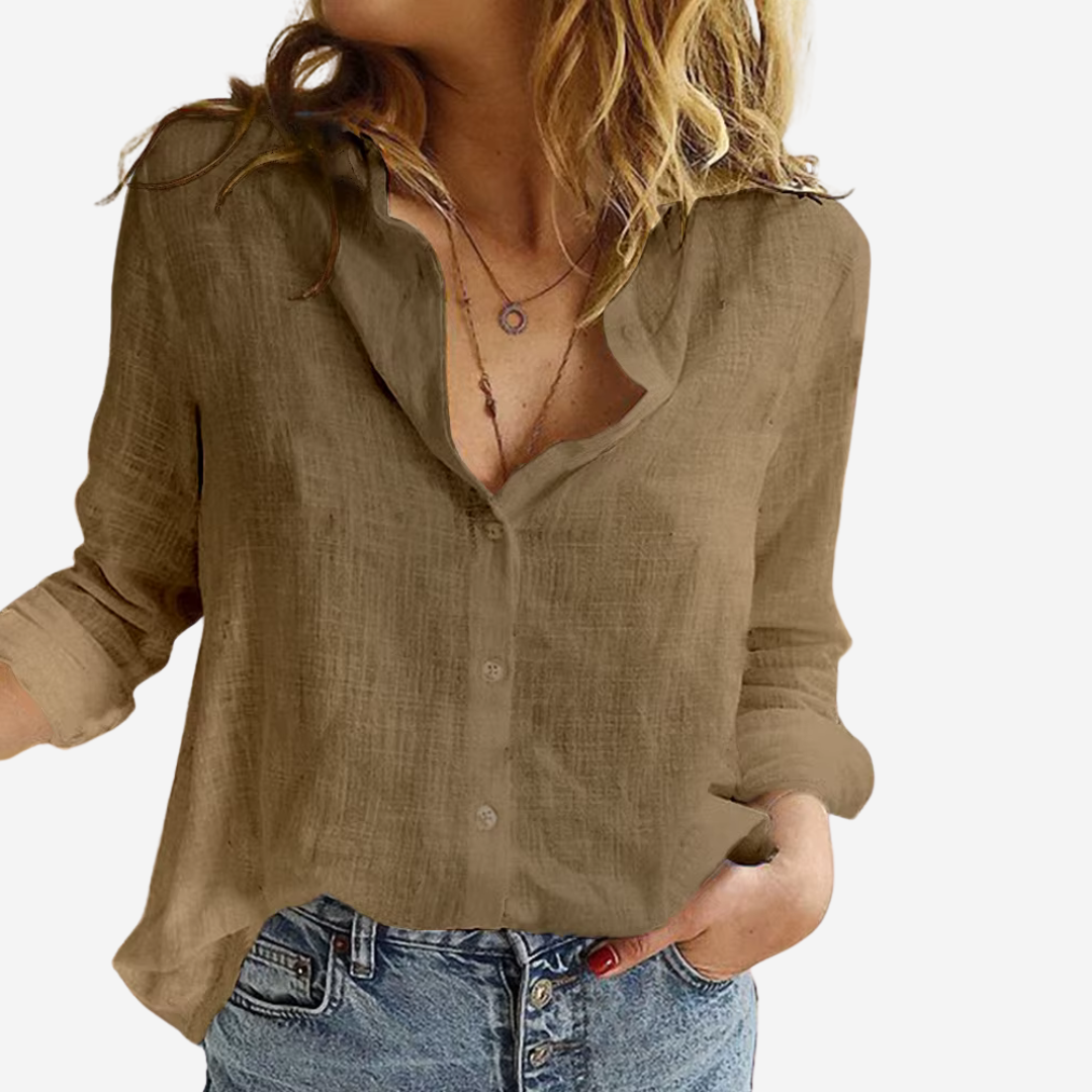Blusa para mujer con botones delanteros y mangas remangables con trabilla