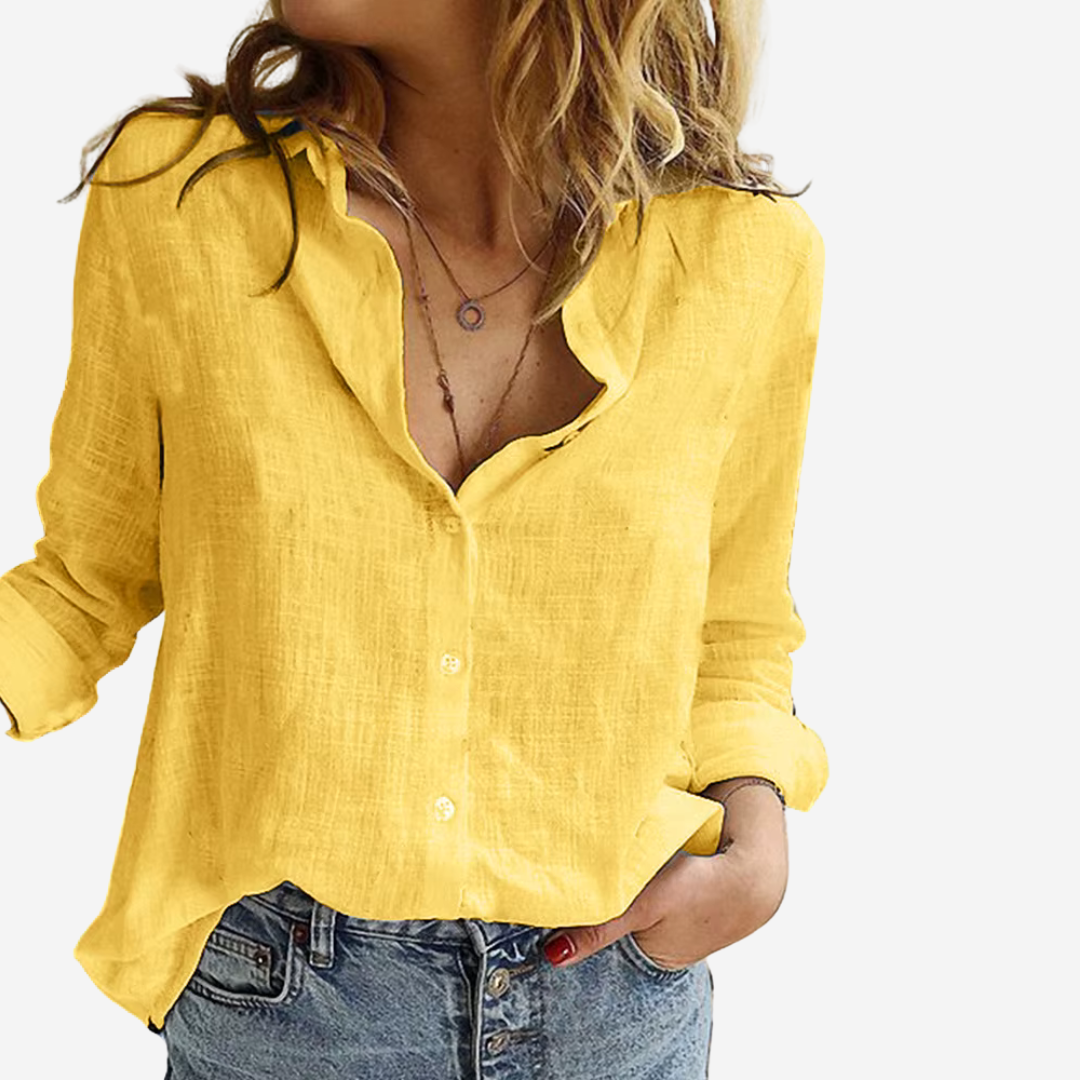 Blusa para mujer con botones delanteros y mangas remangables con trabilla