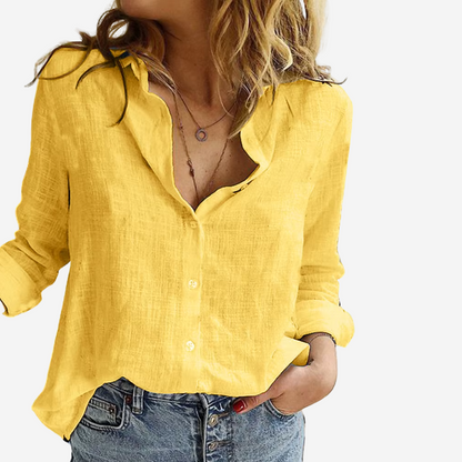 Blusa para mujer con botones delanteros y mangas remangables con trabilla