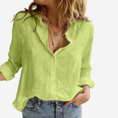 Blusa para mujer con botones delanteros y mangas remangables con trabilla