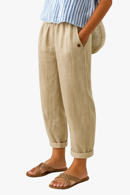 Pantalones de mujer de mezcla de lino con cintura elástica y bolsillos laterales