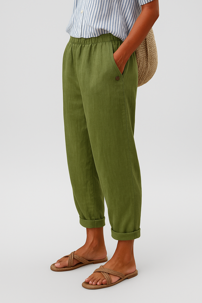 Pantalones de mujer de mezcla de lino con cintura elástica y bolsillos laterales