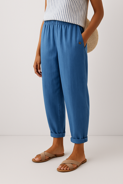 Pantalones de mujer de mezcla de lino con cintura elástica y bolsillos laterales