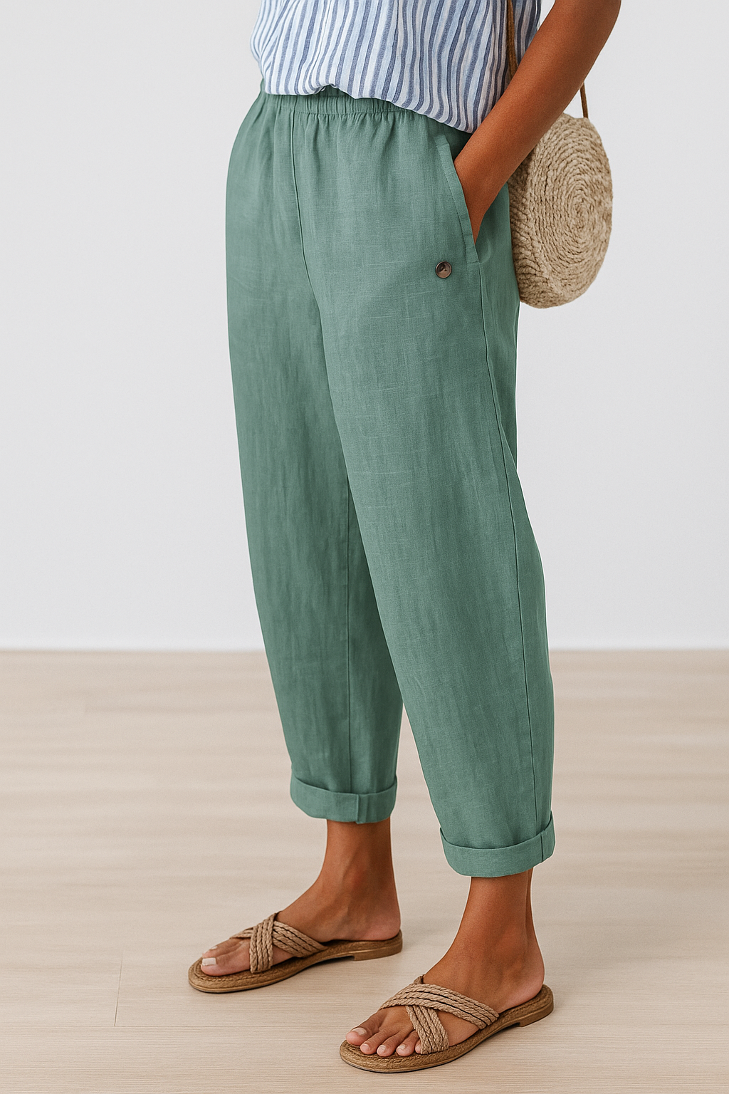 Pantalones de mujer de mezcla de lino con cintura elástica y bolsillos laterales