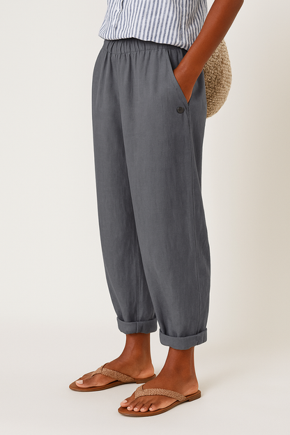 Pantalones de mujer de mezcla de lino con cintura elástica y bolsillos laterales