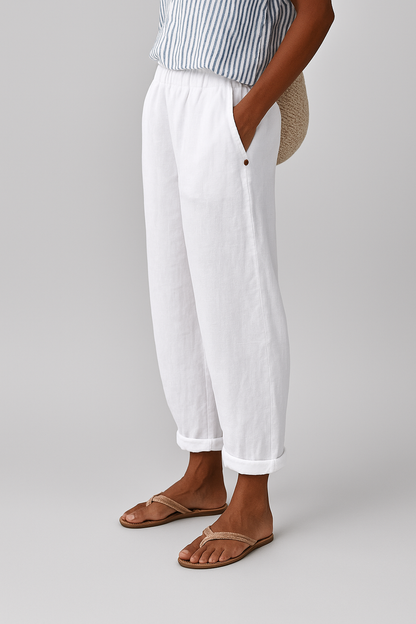 Pantalones de mujer de mezcla de lino con cintura elástica y bolsillos laterales