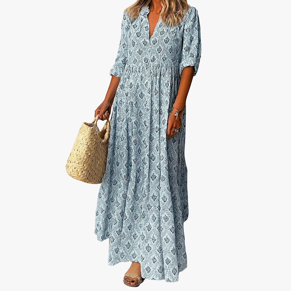 Vestido largo estampado de mezcla de poliéster con escote en V y mangas 3/4 para mujer