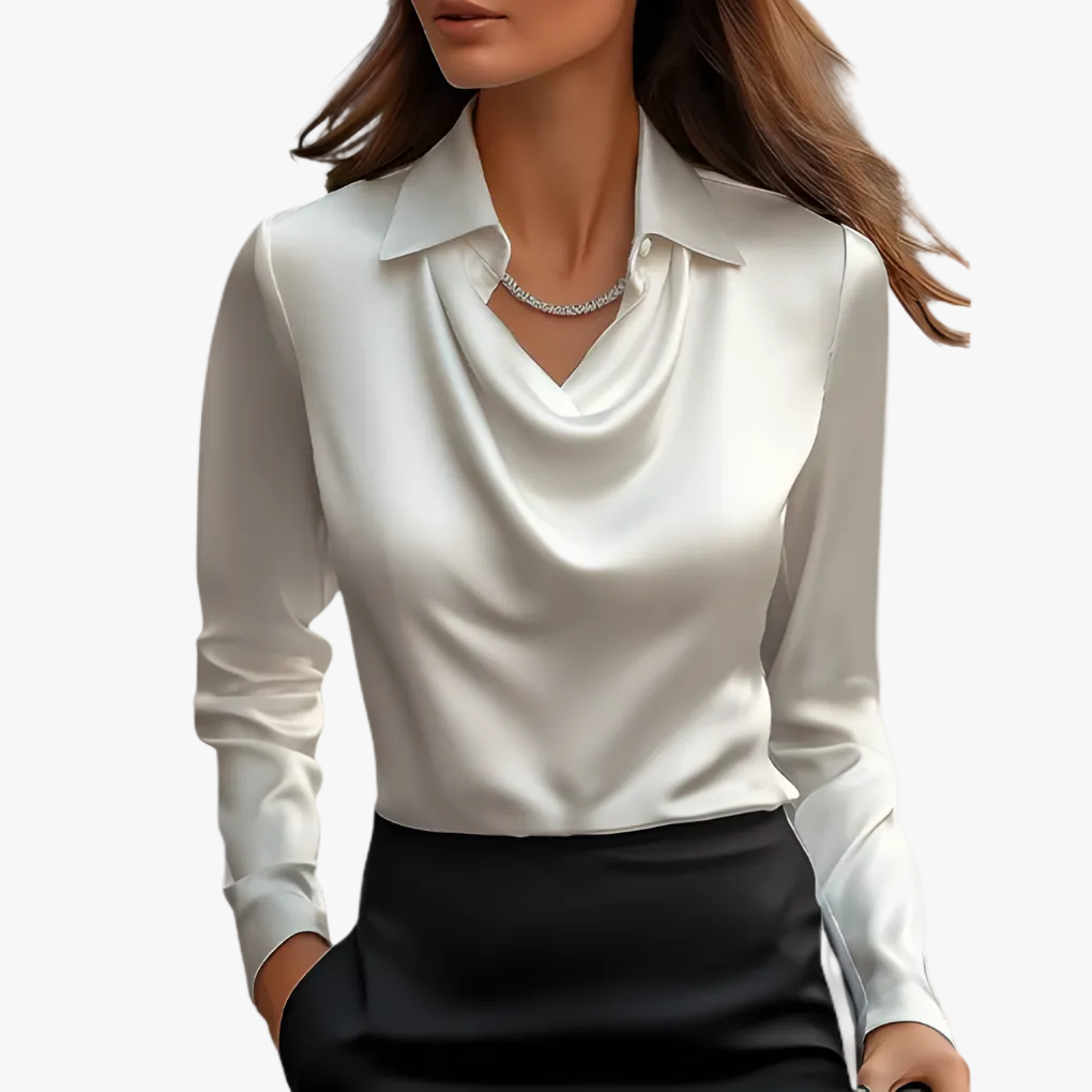 Blusa de mujer de tejido efecto satén con escote drapeado y puños