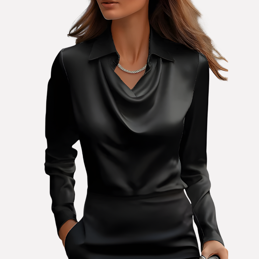 Blusa de mujer de tejido efecto satén con escote drapeado y puños