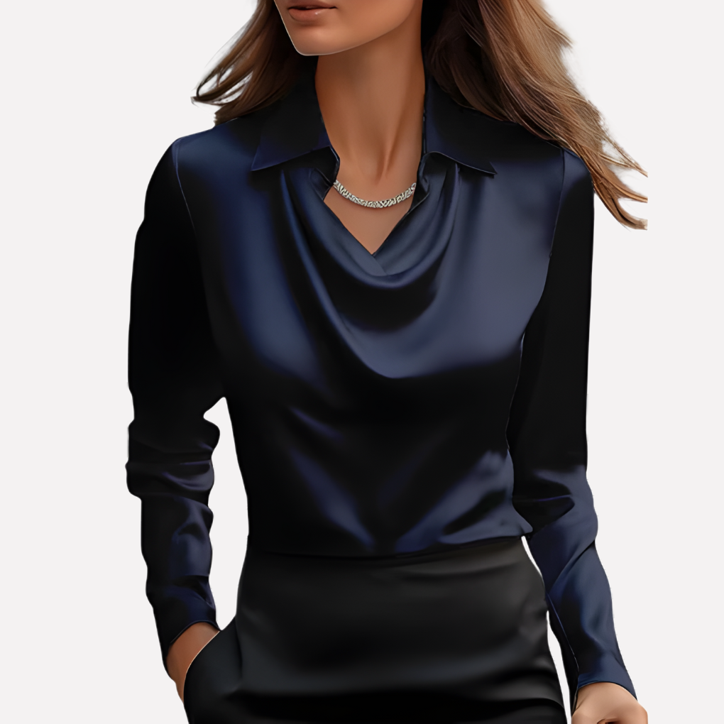 Blusa de mujer de tejido efecto satén con escote drapeado y puños