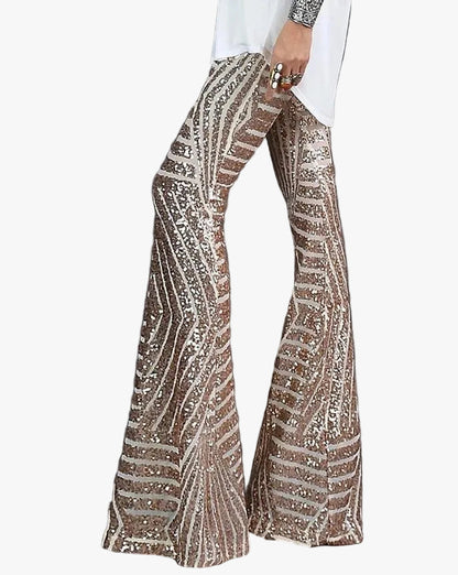 Pantalones acampanados de lentejuelas con cintura elástica y rayas geométricas para mujer