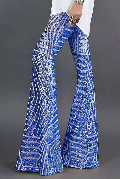 Pantalones acampanados de lentejuelas con cintura elástica y rayas geométricas para mujer