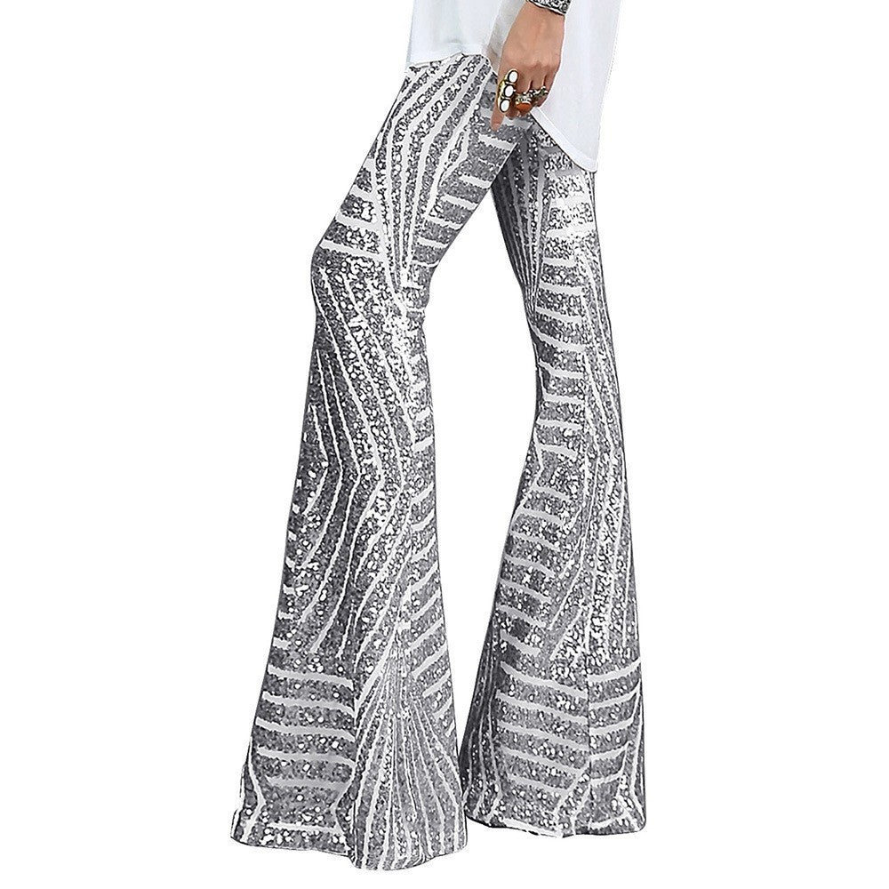 Pantalones acampanados de lentejuelas con cintura elástica y rayas geométricas para mujer