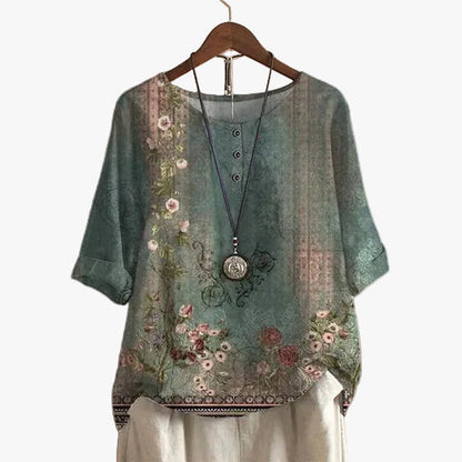 Blusa de tejido plano con tapeta Henley y mangas con puños para mujer