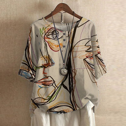 Blusa de tejido plano con tapeta Henley y mangas con puños para mujer