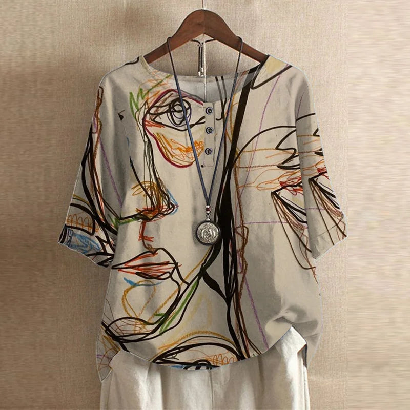 Blusa de tejido plano con tapeta Henley y mangas con puños para mujer