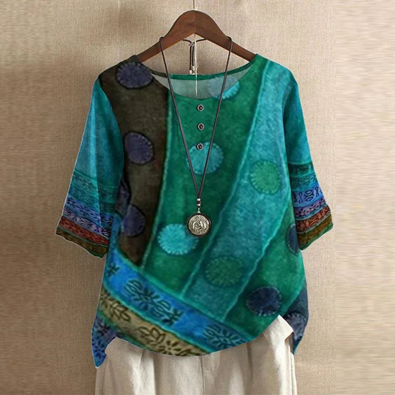 Blusa de tejido plano con tapeta Henley y mangas con puños para mujer