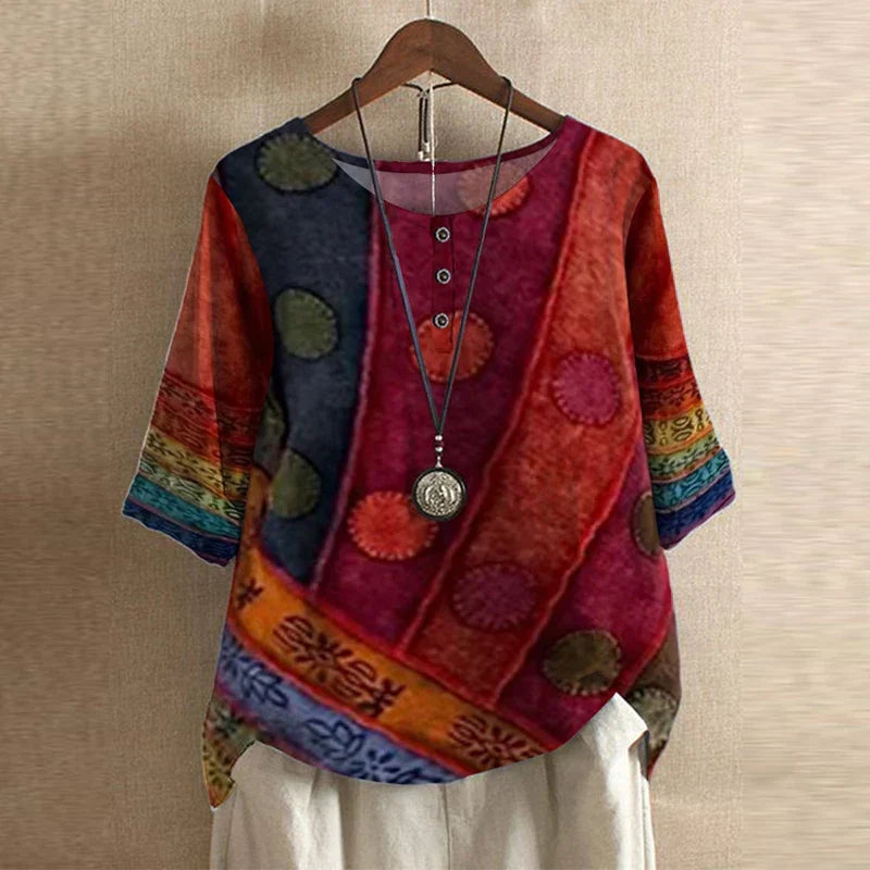Blusa de tejido plano con tapeta Henley y mangas con puños para mujer