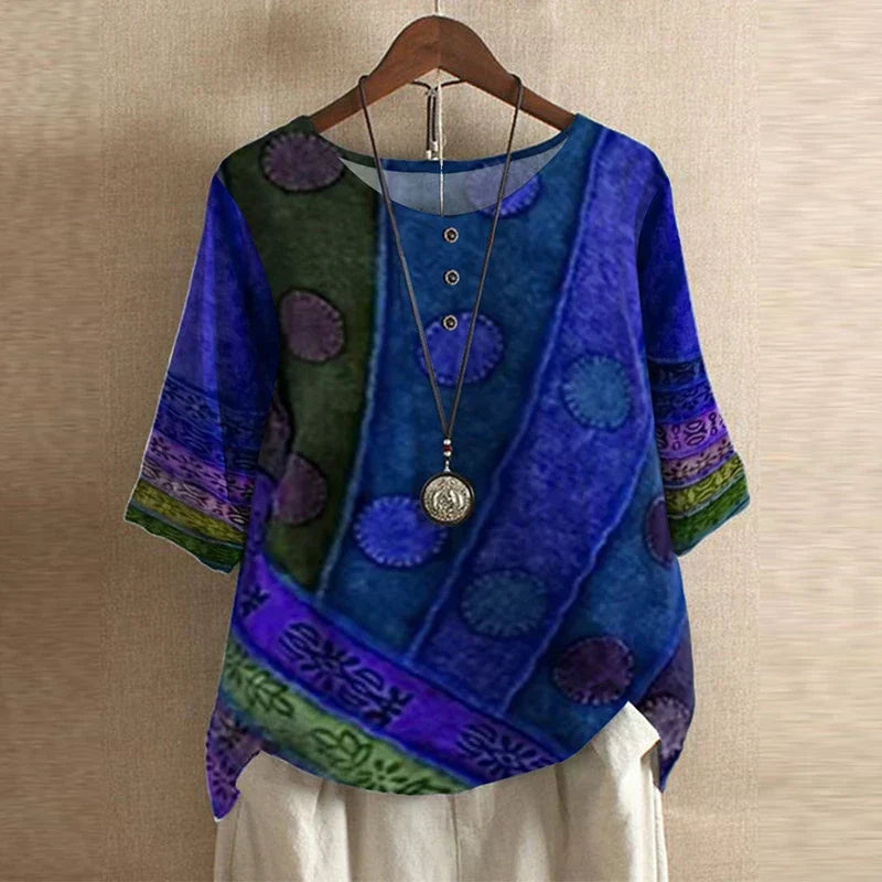 Blusa de tejido plano con tapeta Henley y mangas con puños para mujer