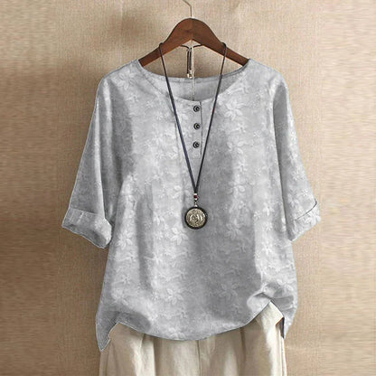 Blusa de tejido plano con tapeta Henley y mangas con puños para mujer