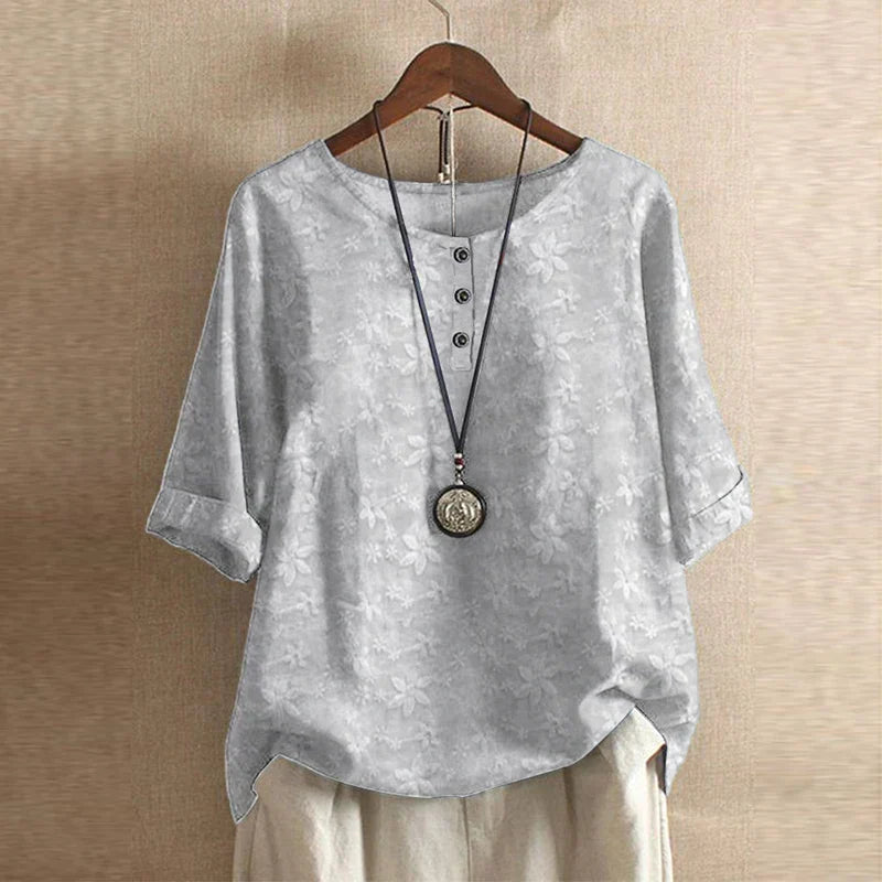 Blusa de tejido plano con tapeta Henley y mangas con puños para mujer