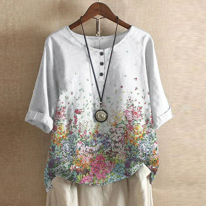 Blusa de tejido plano con tapeta Henley y mangas con puños para mujer