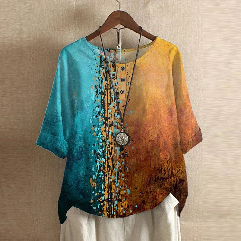 Blusa de tejido plano con tapeta Henley y mangas con puños para mujer