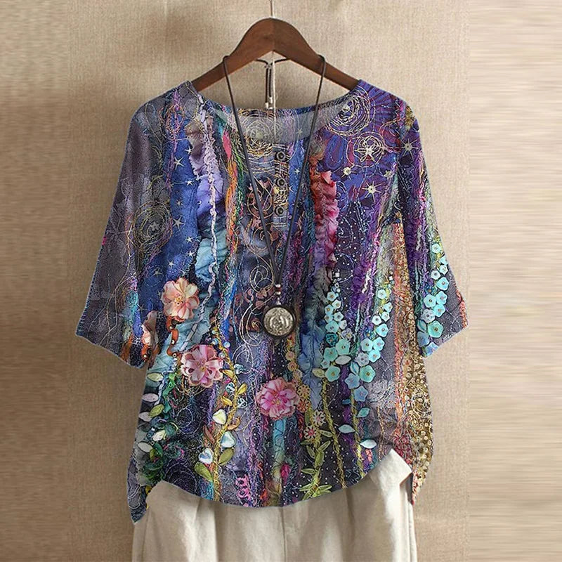 Blusa de tejido plano con tapeta Henley y mangas con puños para mujer