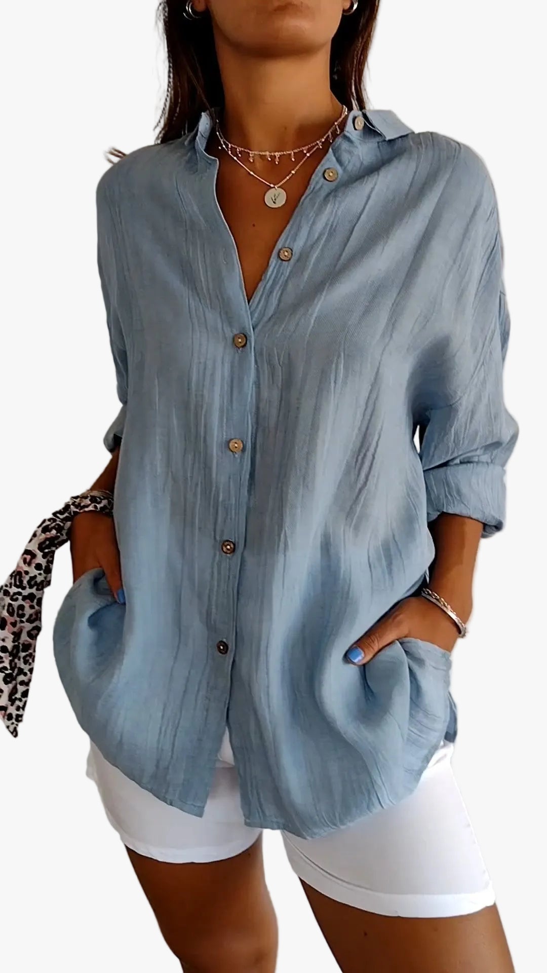 Camisa de tejido plano con botones, cuello en punta y mangas enrollables para mujer