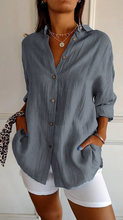 Camisa de tejido plano con botones, cuello en punta y mangas enrollables para mujer