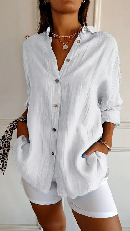 Camisa de tejido plano con botones, cuello en punta y mangas enrollables para mujer