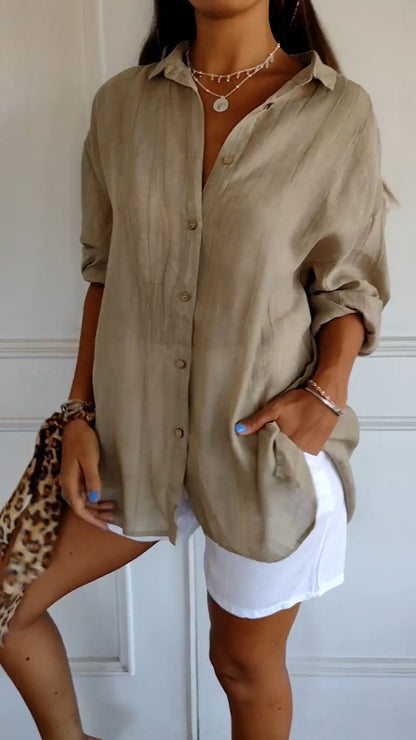 Camisa de tejido plano con botones, cuello en punta y mangas enrollables para mujer