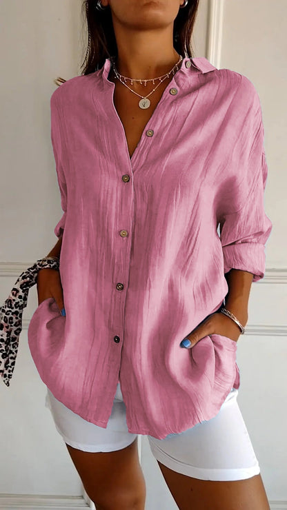 Camisa de tejido plano con botones, cuello en punta y mangas enrollables para mujer